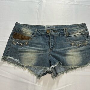 Jolt Denim Sexy Cheeky Shorts Junior size 13 Jewels and faux brown leather trim